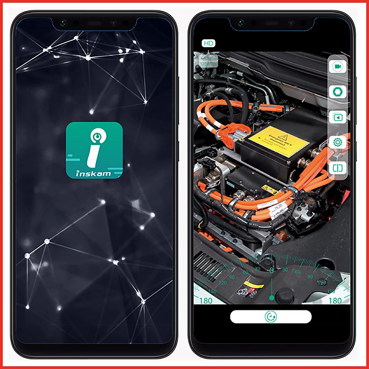 Zwei Smartphones zeigen eine App, die eine Fahrzeugdiagnose durchführt. Links das App-Icon, rechts die Live-Ansicht der Motorraum-Technik.